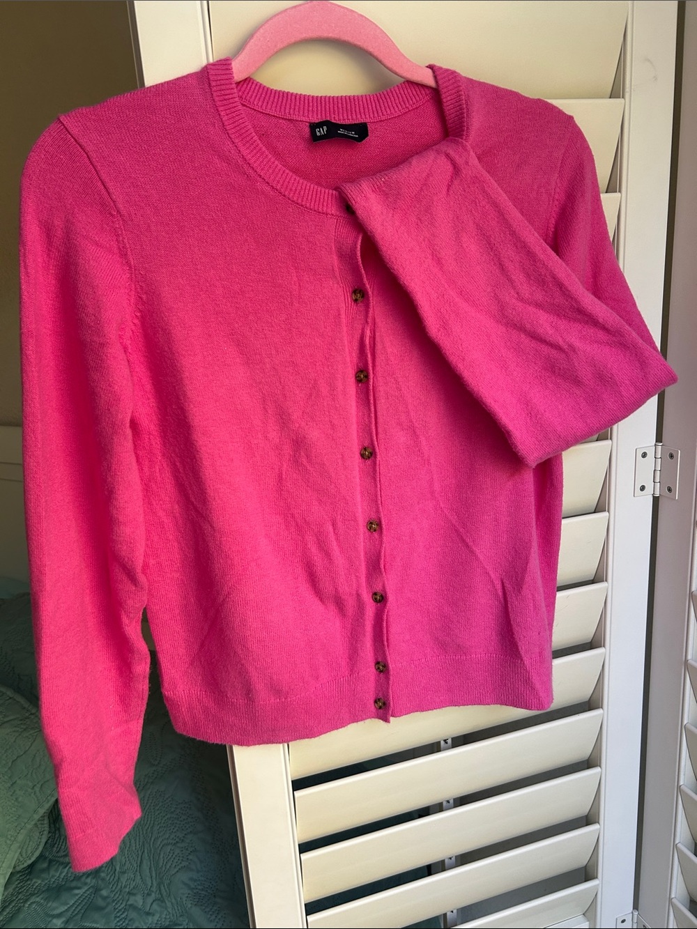 GAP Women's Vibrant Pink Button-Up Crewneck Cardigan